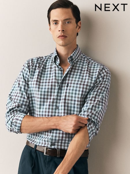 Grey - Regular Regular Fit Easy Iron Button Down Long Sleeve Oxford Check Shirt