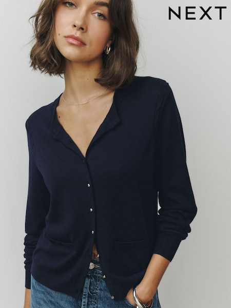 Navy - Soft Touch Cotton Rich Crew Neck Cardigan