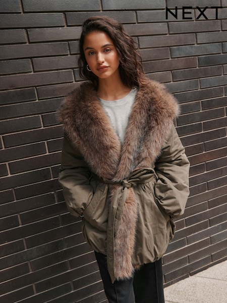 Khaki Green - Belted Shower Resistant Parka Jacket With Faux-fur Collar