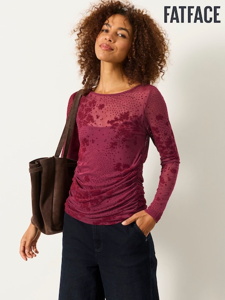 Burgundy Red Floral - Fatface Ruched Mesh Long Sleeve Top