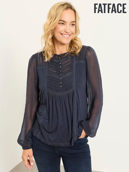 Navy - Fatface Woven Jersey Mix Top