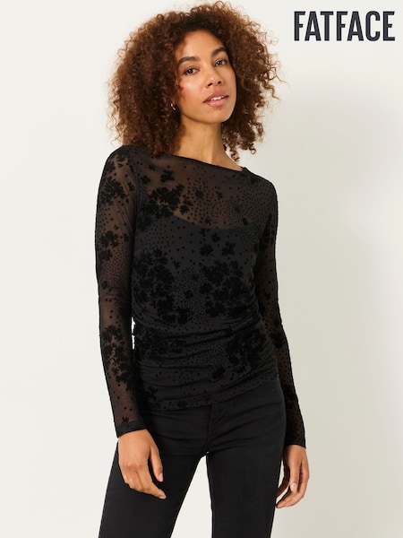Black Floral - Fatface Ruched Mesh Long Sleeve Top