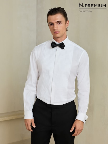 White - Slim Fit N. Premium 1 Pleated Formal Shirt With Double Cuff And Cufflink