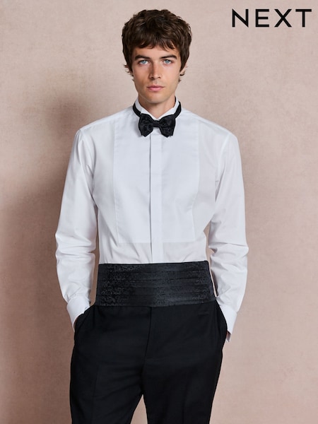White/Black - Regular Cotton Rich Textured Occasion Shirt With Bow Tie And Cummerbund Set