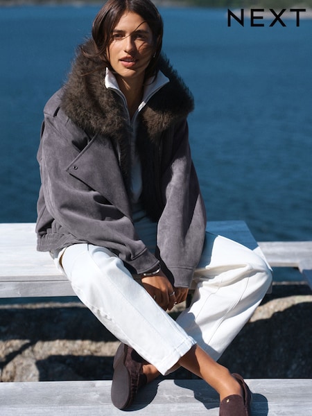 Charcoal Grey - Faux Suede Faux Fur Detatchable Collar Bomber Jacket