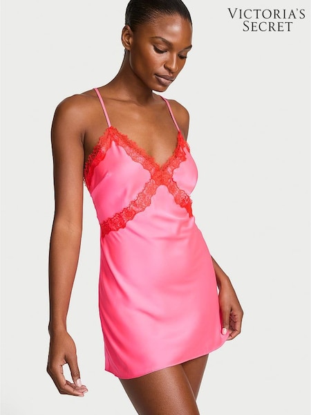 Bombshell Pink - Victoria's Secret Satin Lace Trim Mini Slip Dress