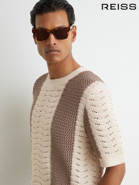 Camel/Off White - Regular Reiss Shean Cotton Crochet-knit Striped T-shirt