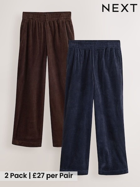 Chocolate Brown/Navy Blue - Soft Cord Wide Leg Trousers 2 Pack