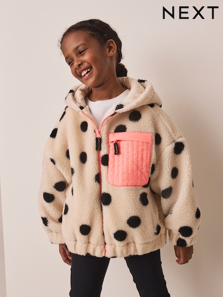 Black/White Spot - Zip Up Hoodied Borg Jacket (3-16yrs)