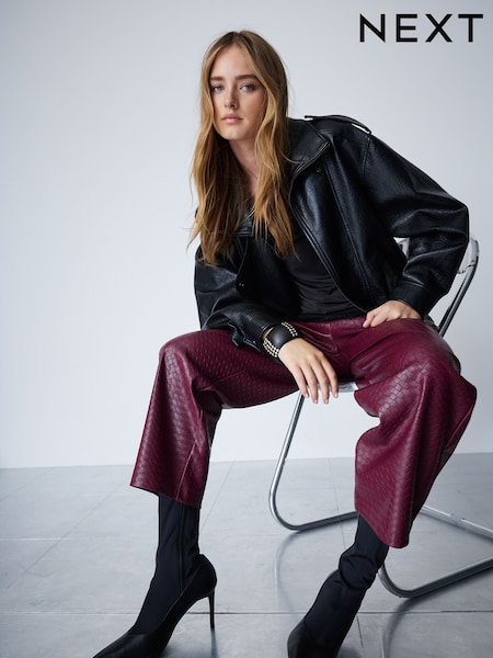 Burgundy Red - Basket Weave Faux Leather Barrel Leg Trousers