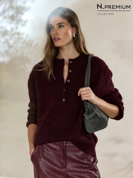 Burgundy Red - N.premium Knitted Long Sleeve Henley Jumper