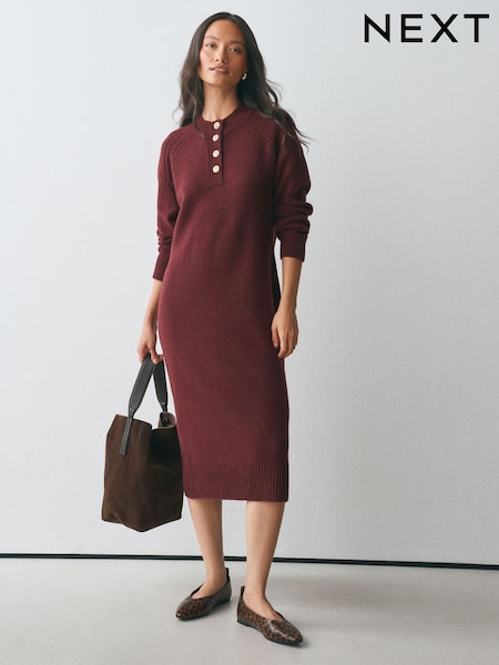 Burgundy Red - Supersoft Crew Neck Long Sleeve Knit Dress