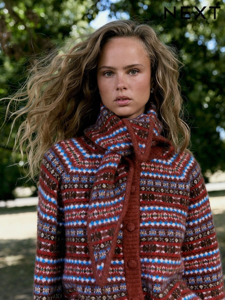 Brown Multi Fairisle - Triangle Knitted Scarf With Wool