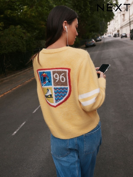Yellow/Multi Back Graphic - Long Sleeve Crew Neck Knitted Jumper With Wool