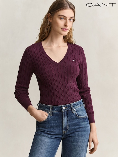 Red - Gant Stretch Cotton Cable Knit V-neck Jumper