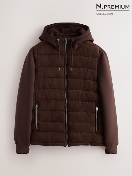 Brown Faux Suede - Regular Quilted Hybrid Hooded Jacket
