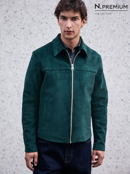 Green - Regular Faux Suede Zip Up Jacket