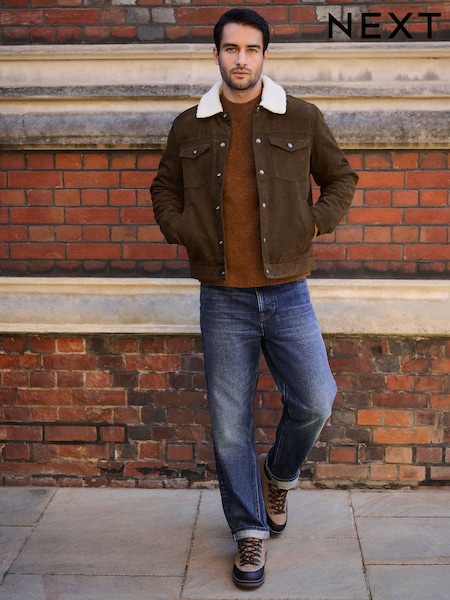 Brown - Regular Faux Suede Borg Lined Trucker Jacket