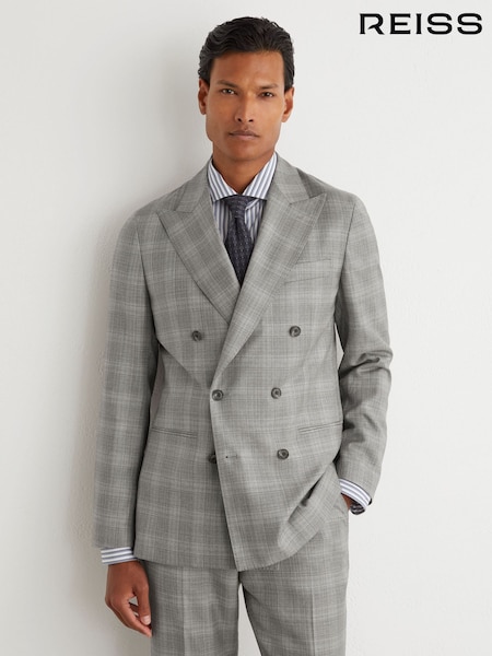 Light Grey - Classic Fit Reiss Steal Wool Check Double-breasted Suit Blazer