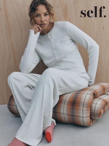 Grey - Self. Long Sleeve Button Through Pyjamas Set