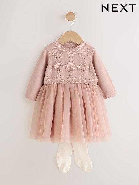 Pink - Twofer Knit & Mesh Baby Dress & Tights Set 2 Piece (0mths-2yrs)