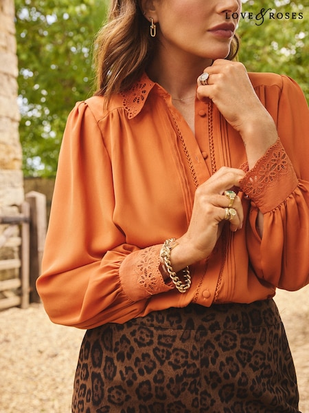 Orange - Love & Roses Lace Cuff Button Through Shirt