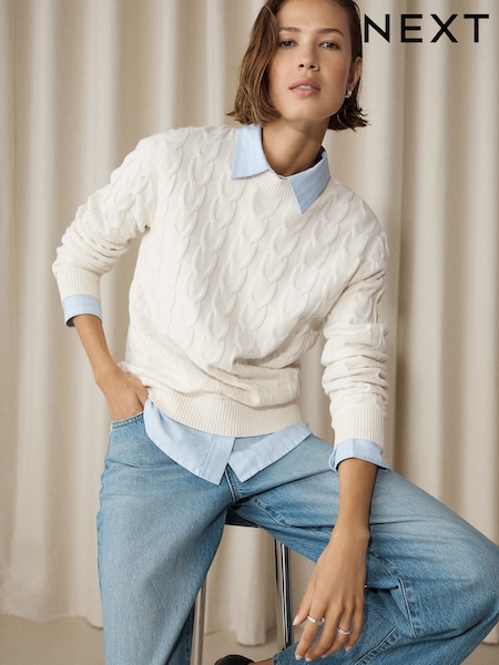 Ecru Cream - Knit Look Cable Crew Neck Jumper