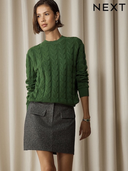 Green - Knit Look Cable Crew Neck Jumper