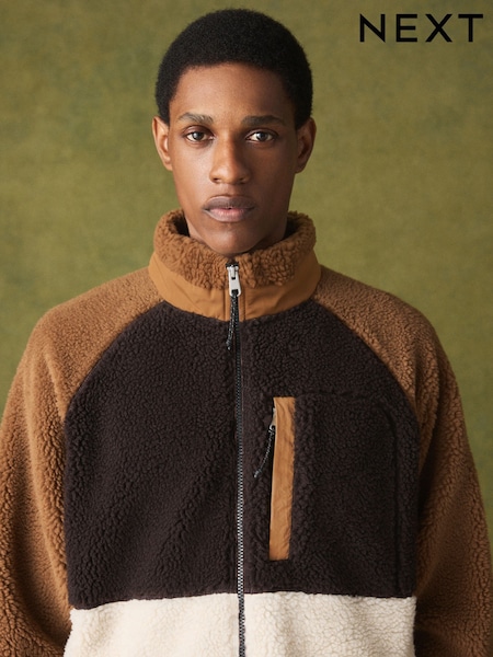 Tan Brown - Regular Colour Block Zip Up Fleece