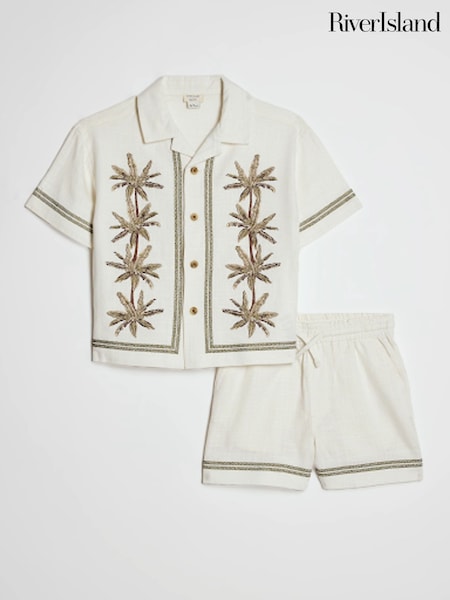 Cream - River Island Embroidered Palm Shirt & Shorts Set