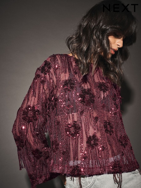 Burgundy Red - Long Sleeved Sequin Tassel Top