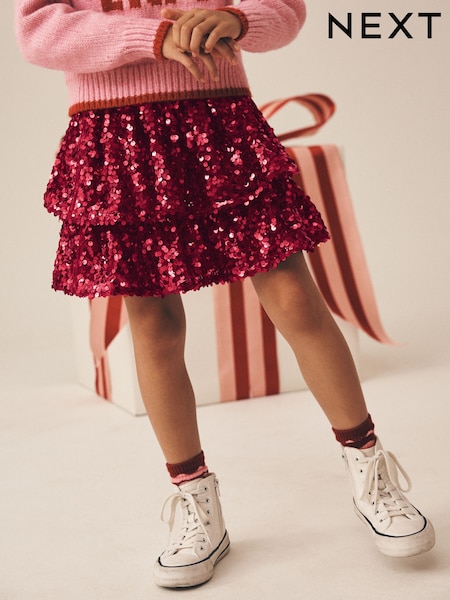 Red - Sequin Tiered Rara Skirt (3-16yrs)