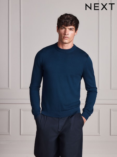 Navy Blue - Regular Merino Wool Signature Crew Neck Jumper