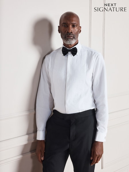 White - Regular Signature Pleated Double Cuff Shirt With Bow Tie And Silver Cufflink