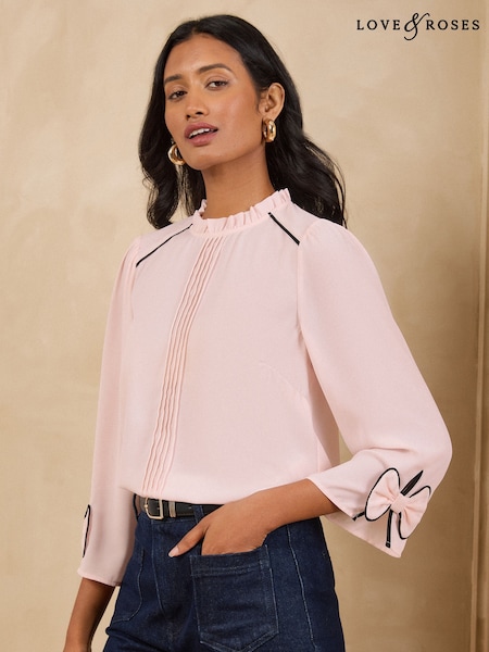 Light Pink - Love & Roses Bow Cuff Detail 3/4 Sleeve Blouse