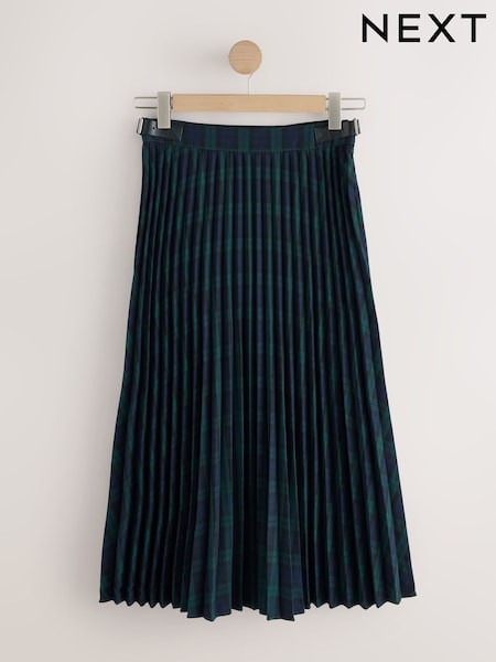 Black/Green Check - Pleated Midi Skirt