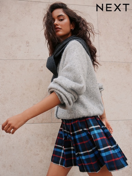 Blue/Red Check - Pleated Pull On Mini Skirt