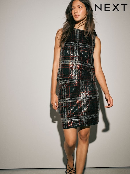 Red/Black Check - Sequin Sleeveless Top
