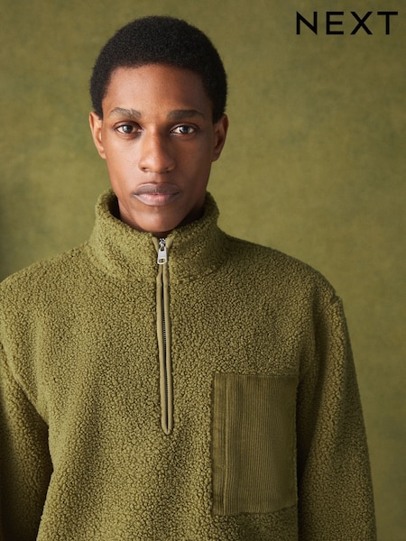 Olive Green - Regular Borg Quarter Zip Fleece
