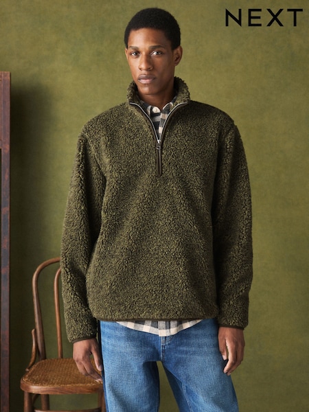 Khaki Green Marl - Regular Nep Borg Quarter Zip Fleece
