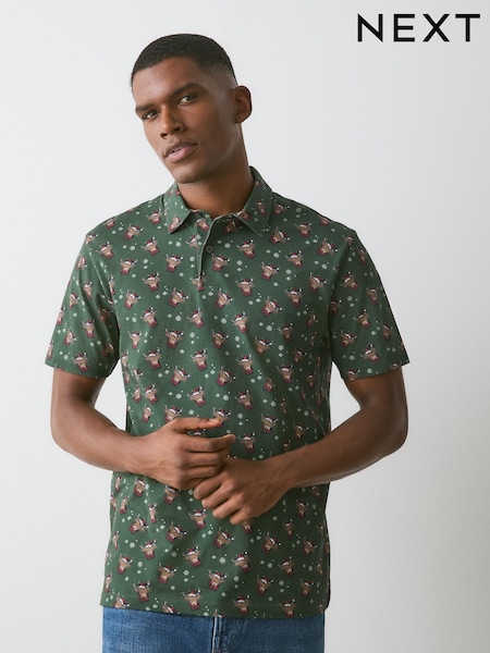 Green Hamish The Highland Cow - Regular Christmas Short Sleeve Motionflex Polo Shirt