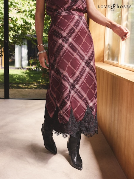 Burgundy Check - Love & Roses Satin Lace Trim Midi Skirt