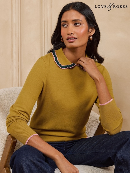 Green Tipped - Love & Roses Ruffled Collar Long Sleep Knitted Top