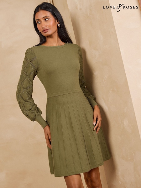 Khaki Green - Love & Roses Slash Neck Scalloped Knitted Mini Dress