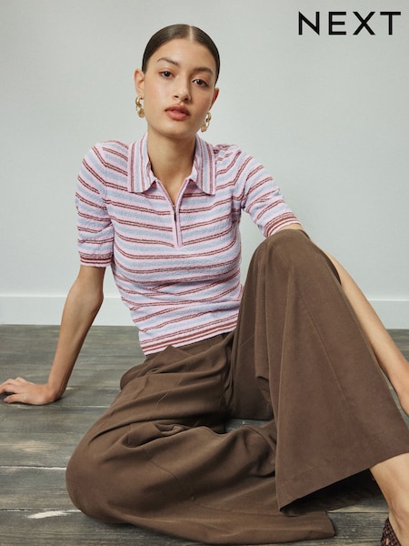Pink/Blue Stripe - Quarter Zip Short Sleeve Knitlook Polo Shirt