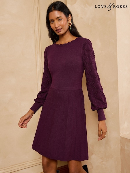 Burgundy Red - Love & Roses Boat Neck Scalloped Knitted Mini Dress