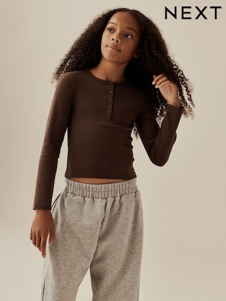 Chocolate Brown - Long Sleeve Button Top (3-16yrs)