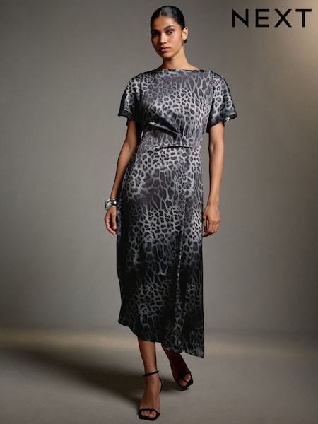 Grey Animal Print - Textured Satin Short Sleeve Side Hitch Midi Dress