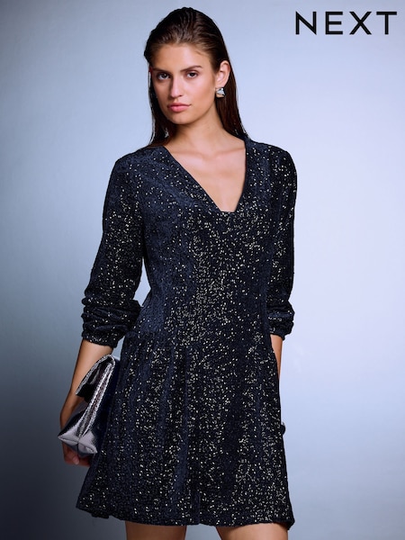 Navy Blue - Long Sleeve Sequin V-neck Mini Dress