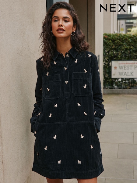 Black/Brown Embroidered Dog - Long Sleeve Cord Overhead Mini Dress